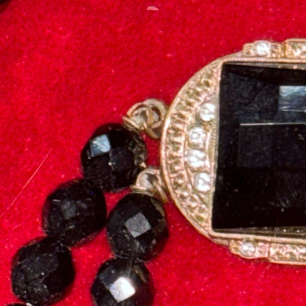 Vintage Art Deco Style 2 Strand Neck Black Glass Beads Black Stone Gold Tone 16” - Picture 3 of 5